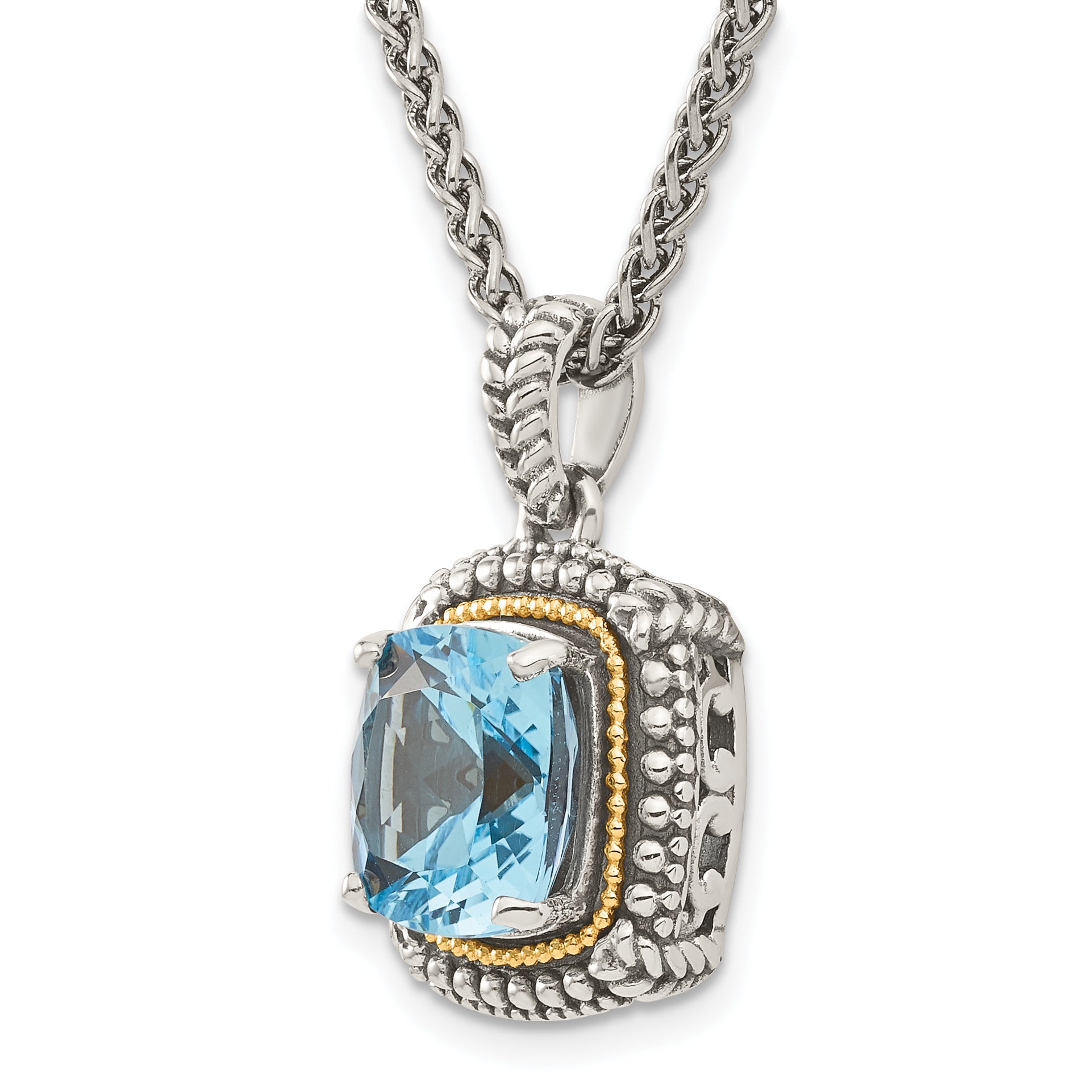 Shey Couture Sterling Silver with 14K Accent 18 Inch Antiqued Cushion Light Swiss Blue Topaz Necklace