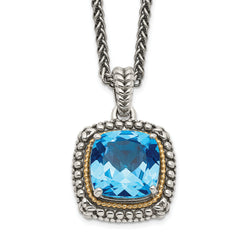 Shey Couture Sterling Silver with 14K Accent 18 Inch Antiqued Cushion Light Swiss Blue Topaz Necklace