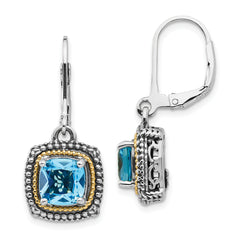 Shey Couture Sterling Silver with 14K Accent Antiqued Cushion Light Swiss Blue Topaz Leverback Dangle Earrings