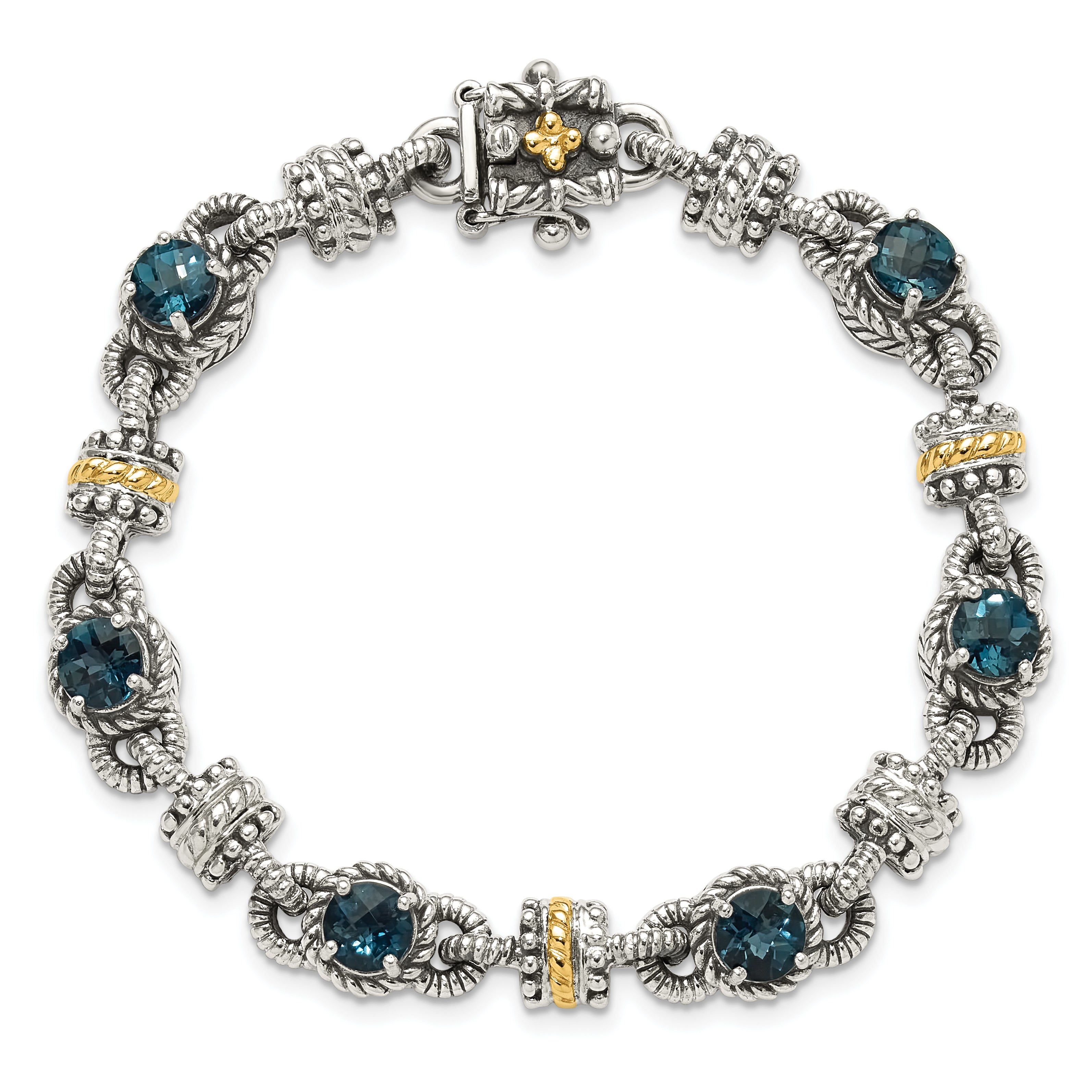 Shey Couture Sterling Silver with 14K Accent 7.25 Inch Antiqued Round London Blue Topaz Bracelet