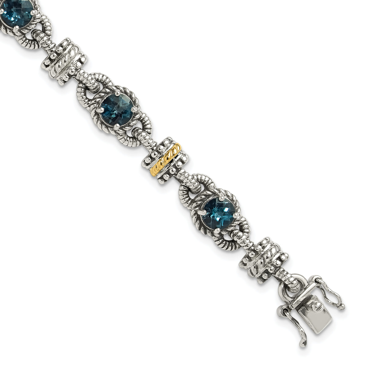 Shey Couture Sterling Silver with 14K Accent 7.25 Inch Antiqued Round London Blue Topaz Bracelet