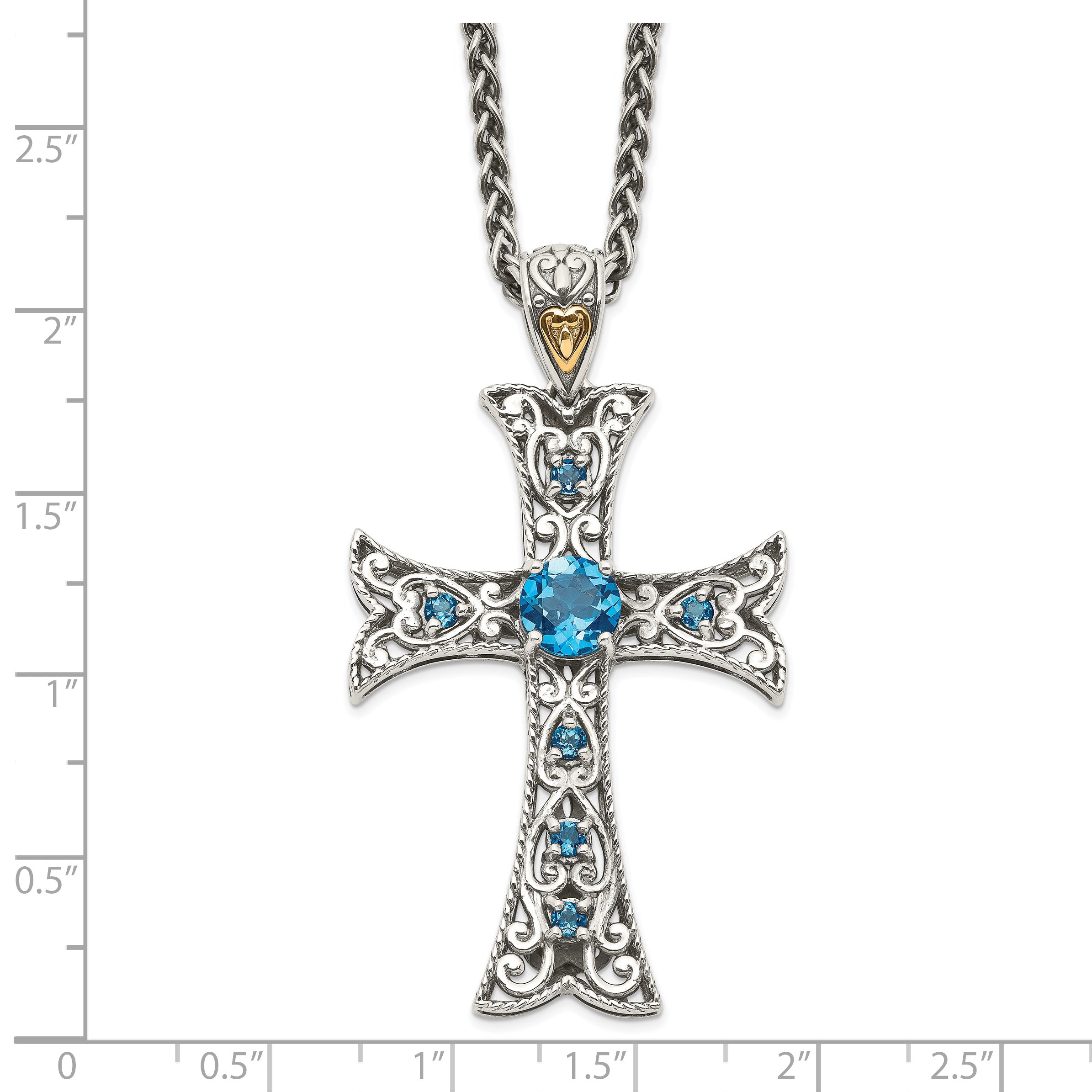 Shey Couture Sterling Silver with 14K Accent 18 Inch Antiqued Round London Blue Topaz Cross Necklace