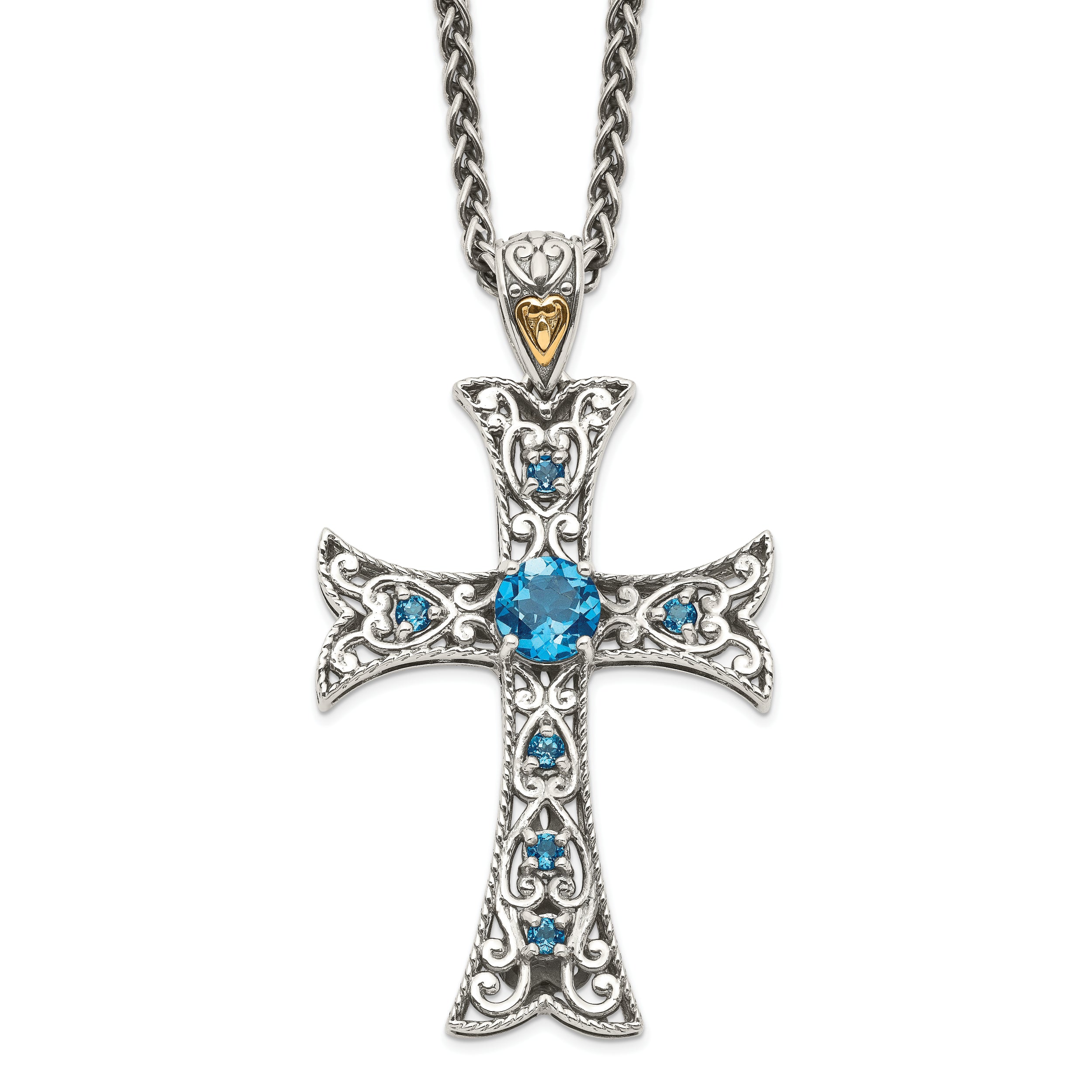 Shey Couture Sterling Silver with 14K Accent 18 Inch Antiqued Round London Blue Topaz Cross Necklace