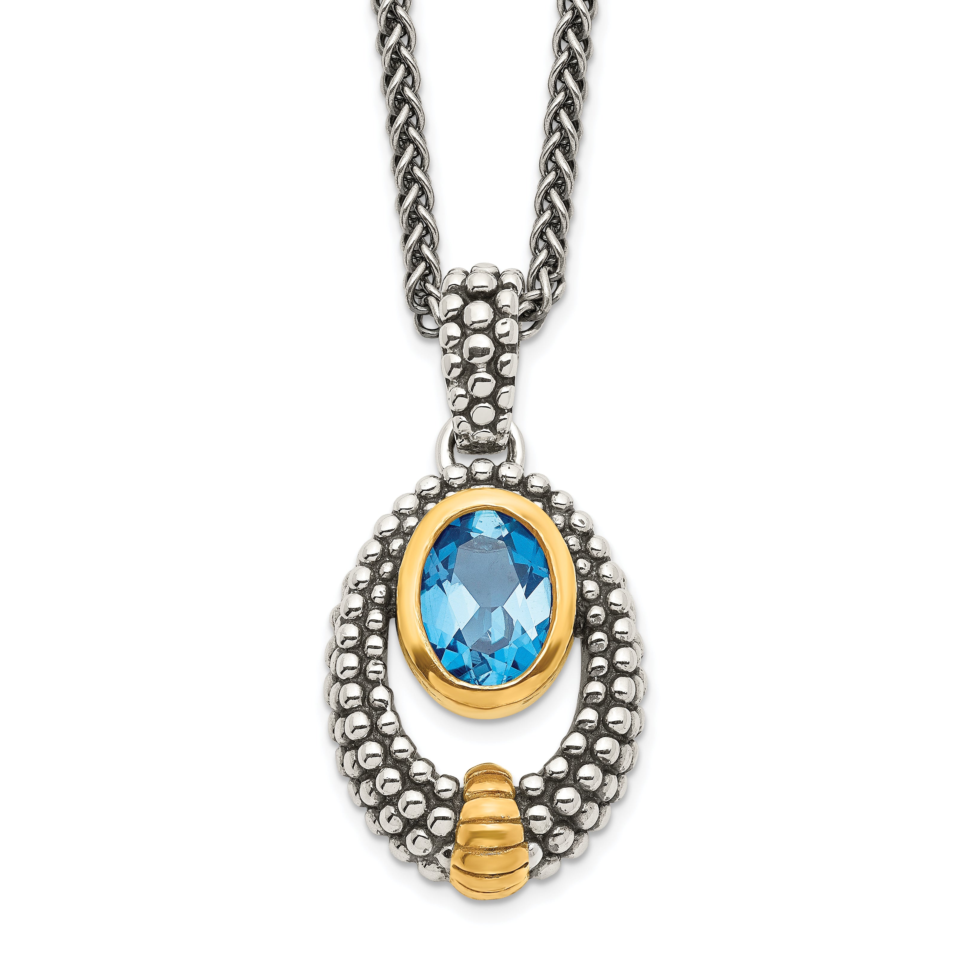 Shey Couture Sterling Silver Gold-tone Flash Gold-plated Antiqued Oval London Blue Topaz 18 inch Necklace