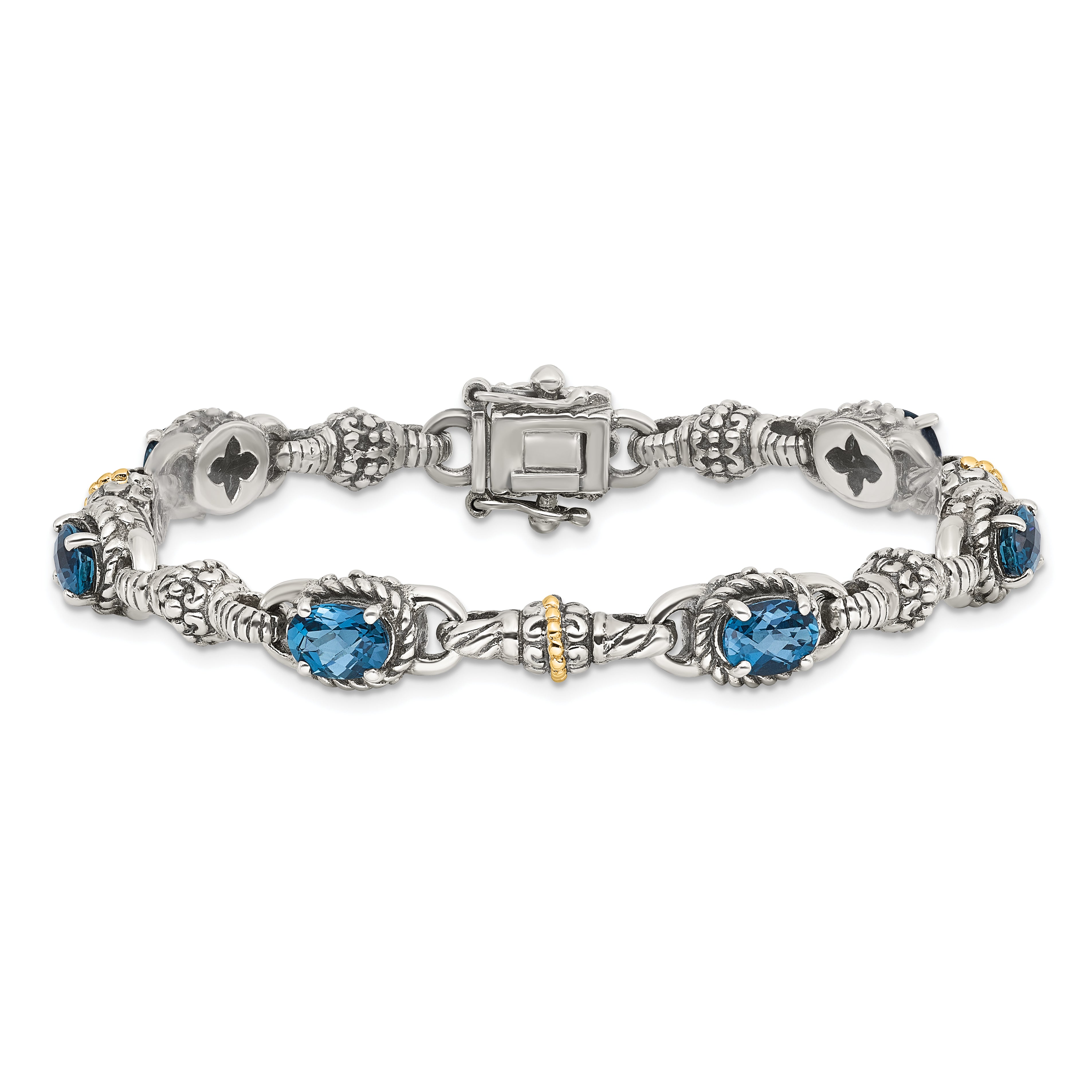 Shey Couture Sterling Silver with 14K Accent 7.25 Inch Antiqued Oval London Blue Topaz Bracelet