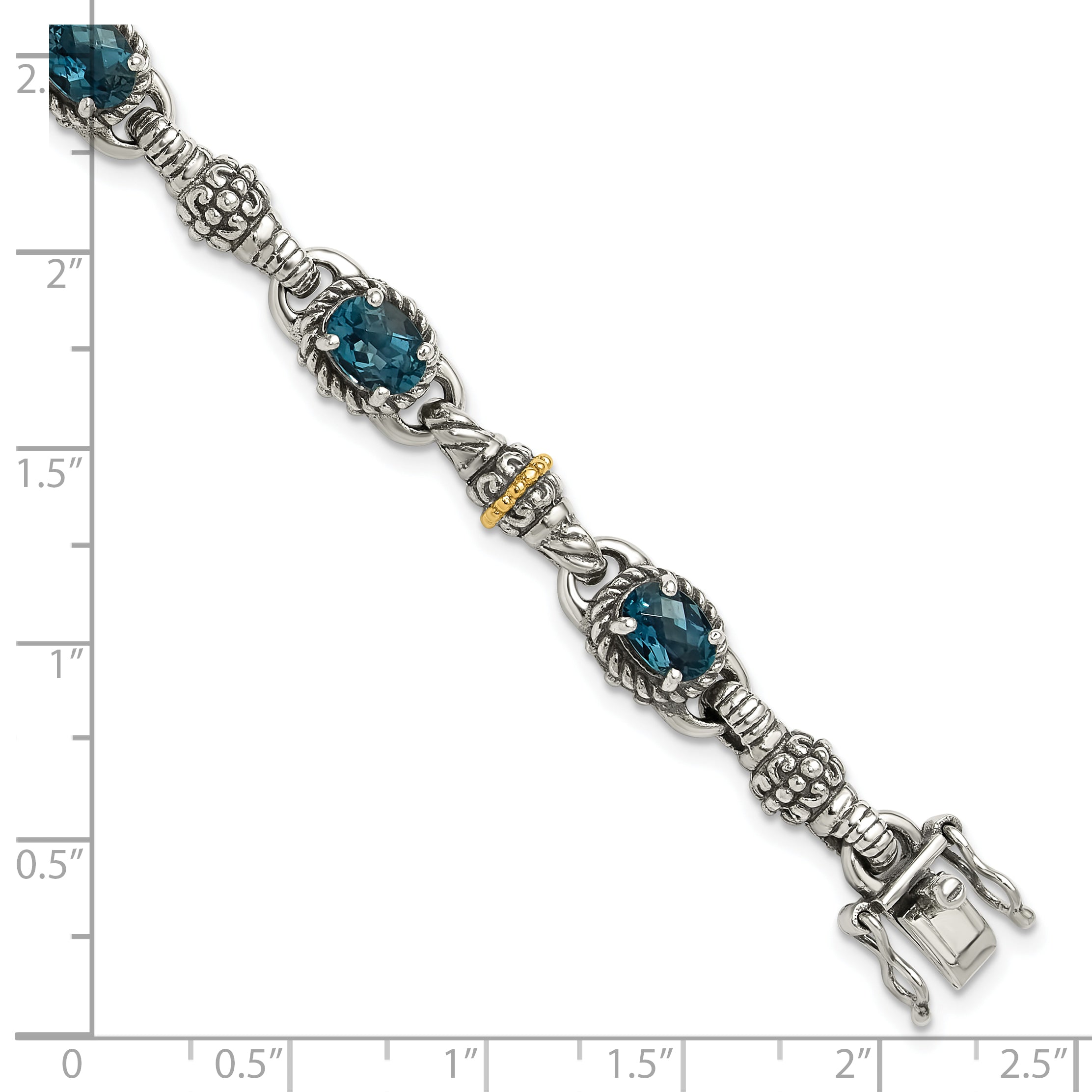 Shey Couture Sterling Silver with 14K Accent 7.25 Inch Antiqued Oval London Blue Topaz Bracelet