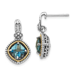 Shey Couture Sterling Silver with 14K Accent Antiqued Cushion London Blue Topaz Post Dangle Earrings