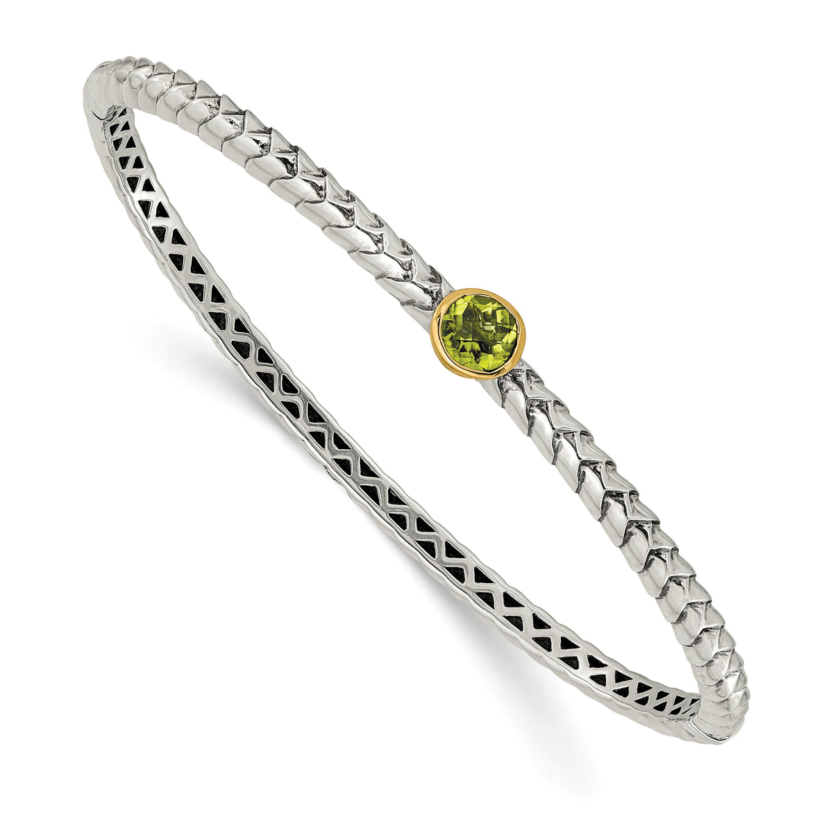 Shey Couture Sterling Silver with 14K Accent Peridot Round Bezel Hinged Bangle Bracelet