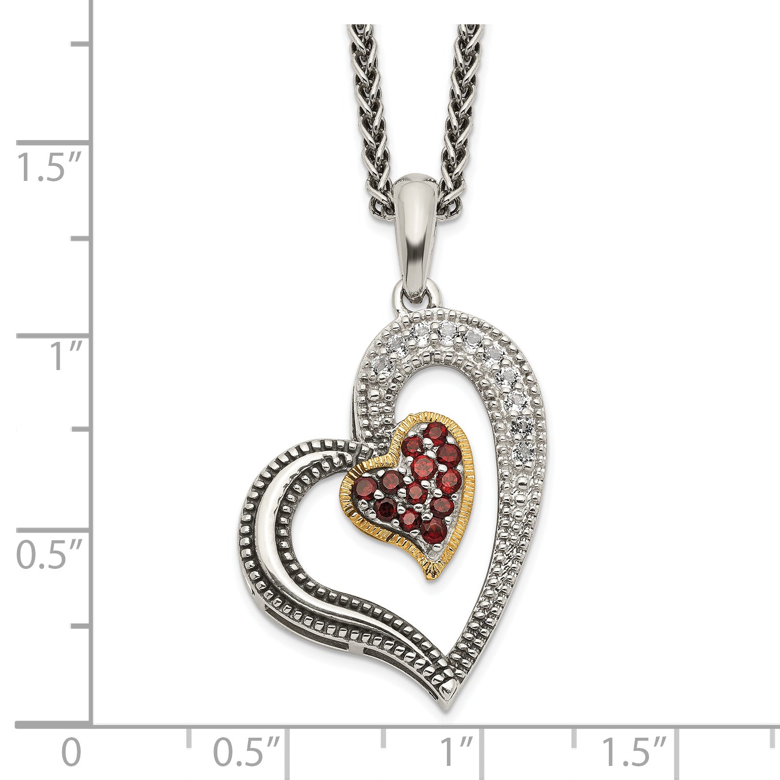 Shey Couture Sterling Silver with 14K Accent 18 Inch Antiqued Pav‚ .22Garnet and .20White Topaz Heart Necklace