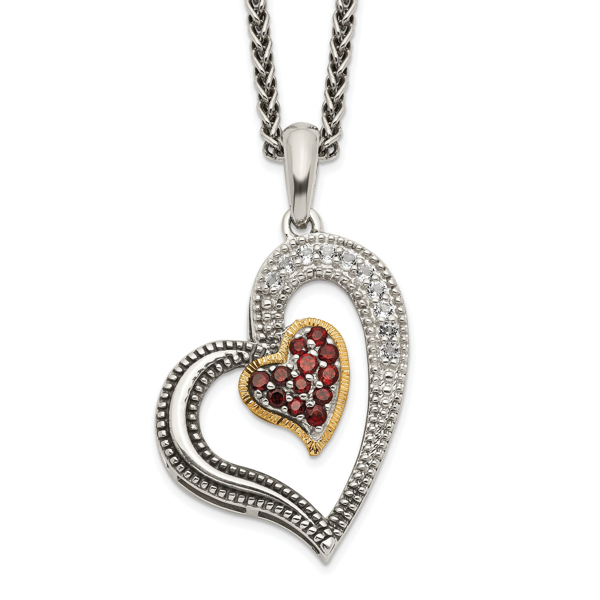 Shey Couture Sterling Silver with 14K Accent 18 Inch Antiqued Pav‚ .22Garnet and .20White Topaz Heart Necklace