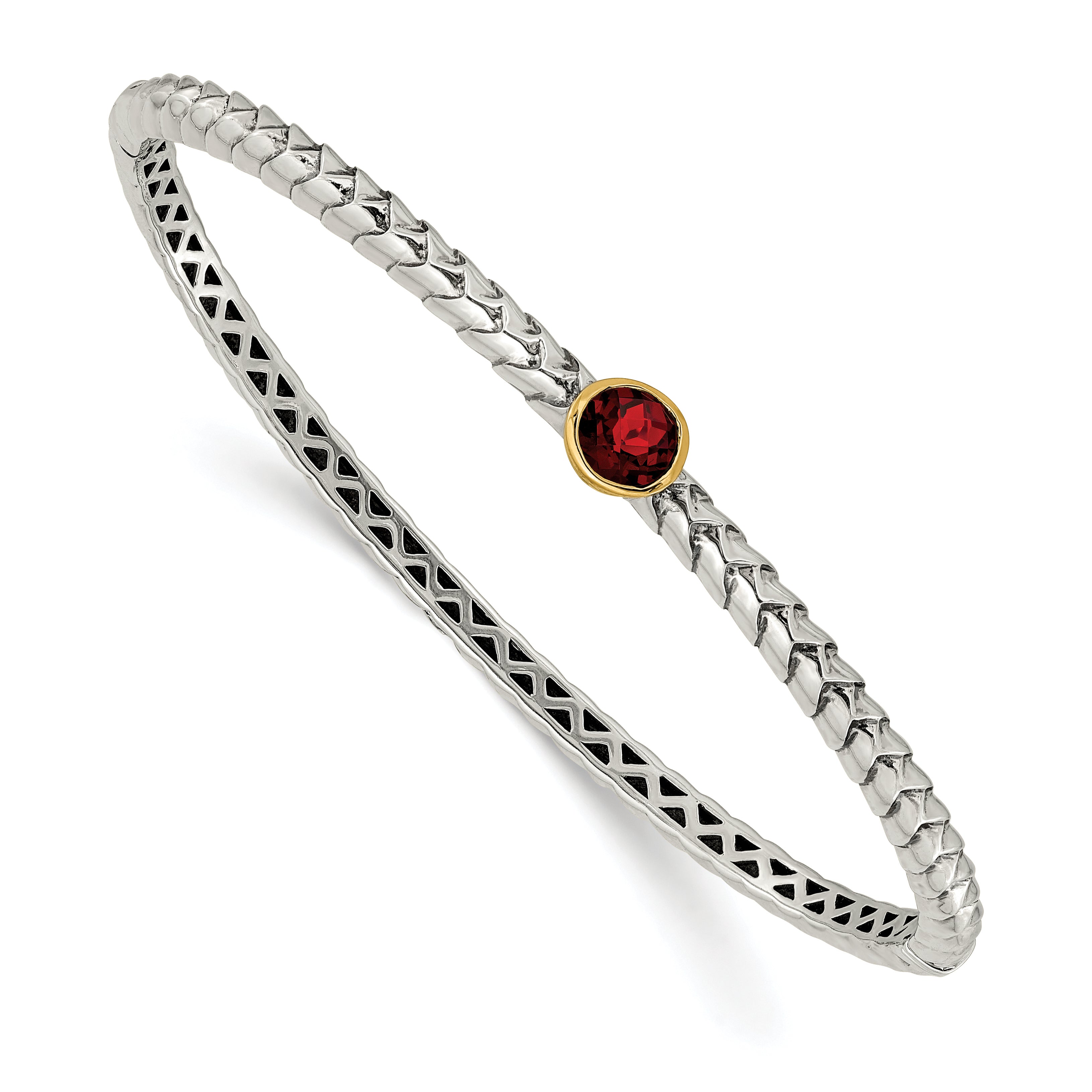 Shey Couture Sterling Silver with 14K Accent Antiqued Round Bezel Garnet Bangle Bracelet