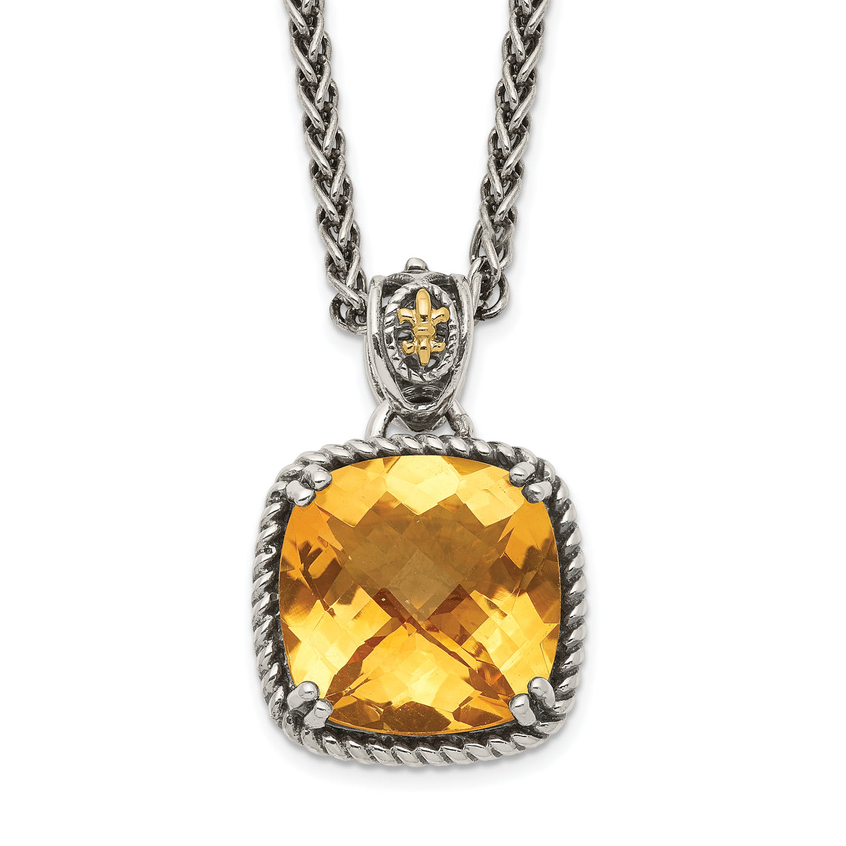 Shey Couture Sterling Silver with 14K Accent 18 Inch Antiqued Checkerboard Cushion Citrine Necklace