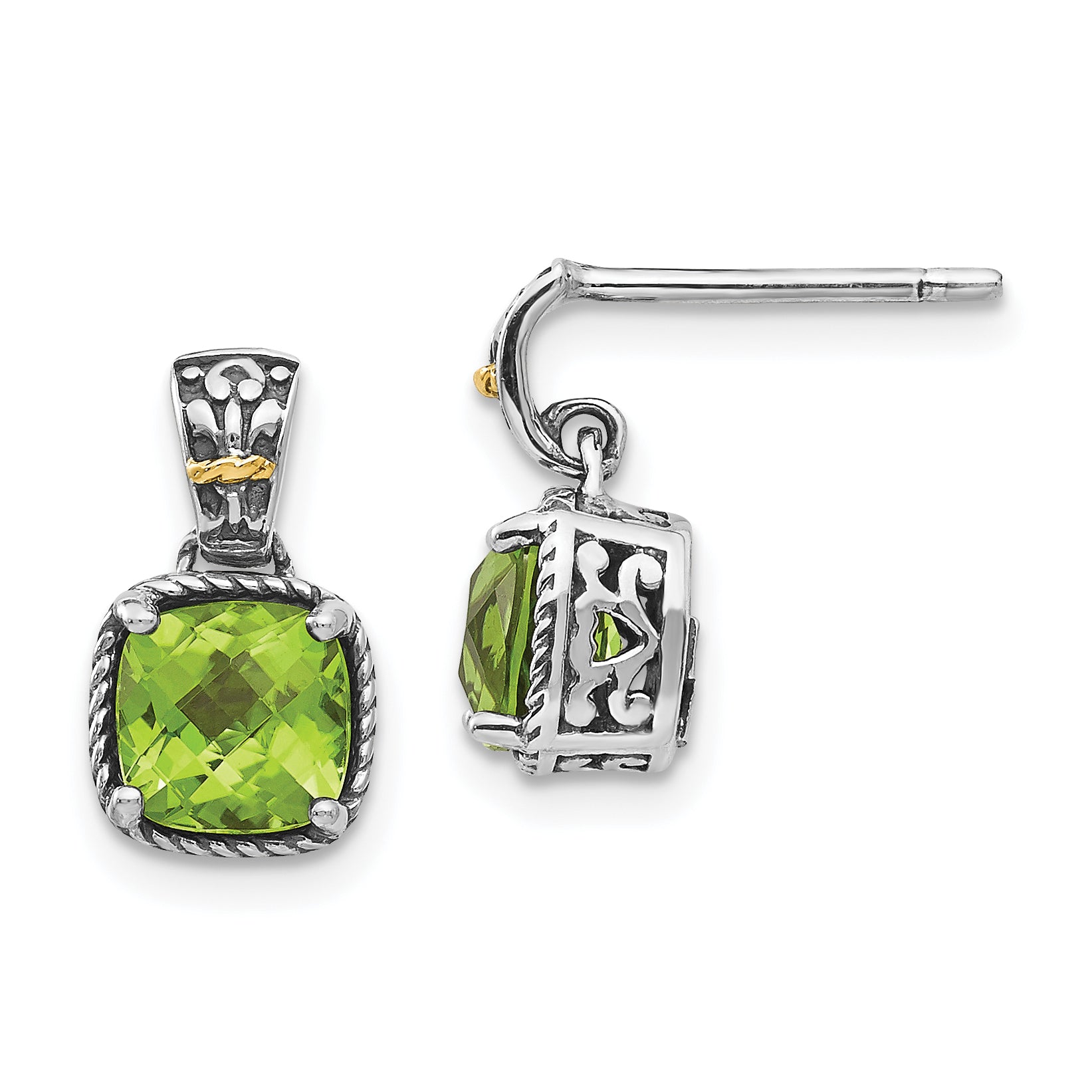 Shey Couture Sterling Silver with 14K Accent Antiqued Cushion Peridot Dangle Post Earrings