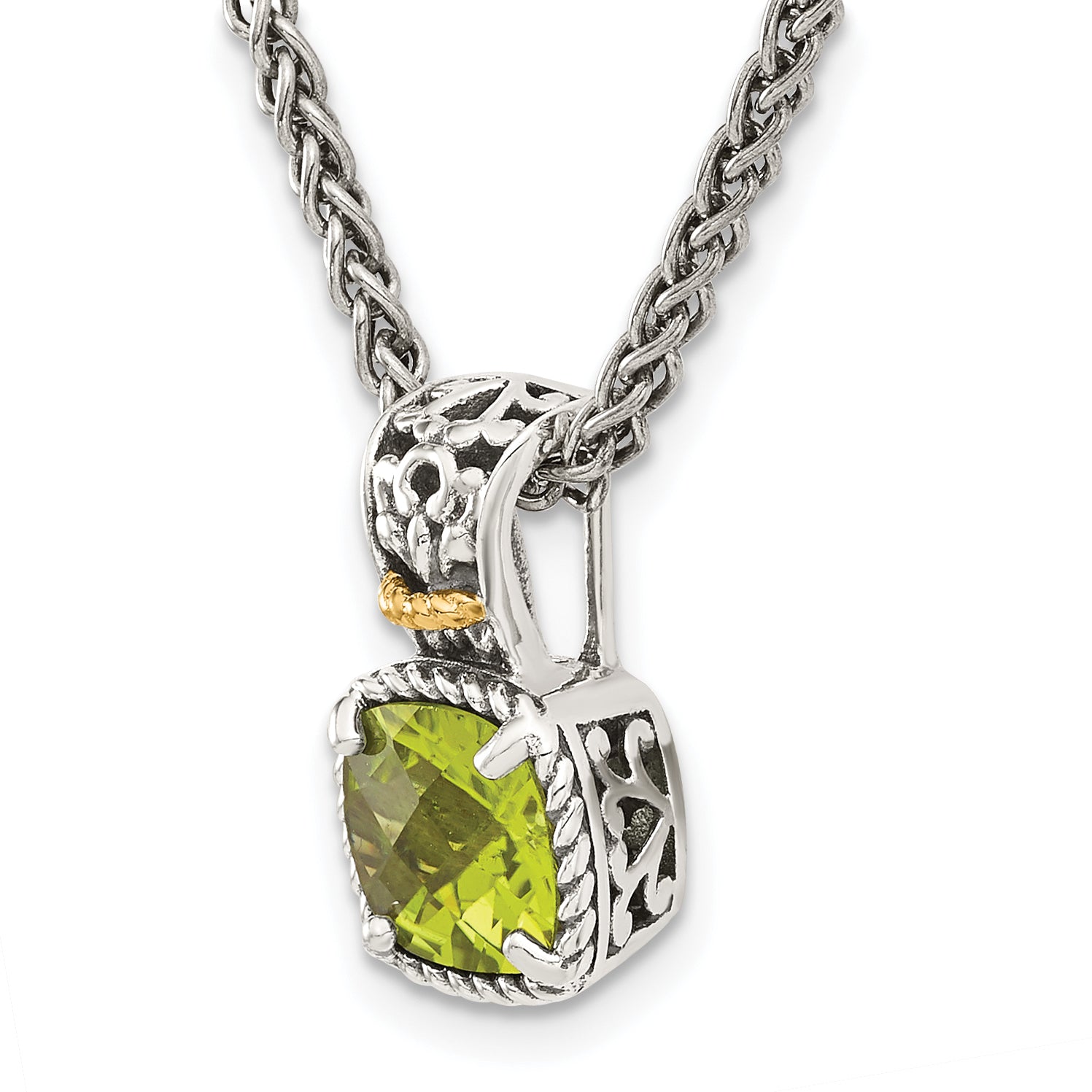 Shey Couture Sterling Silver with 14K Accent 18 Inch Antiqued Cushion Peridot Necklace