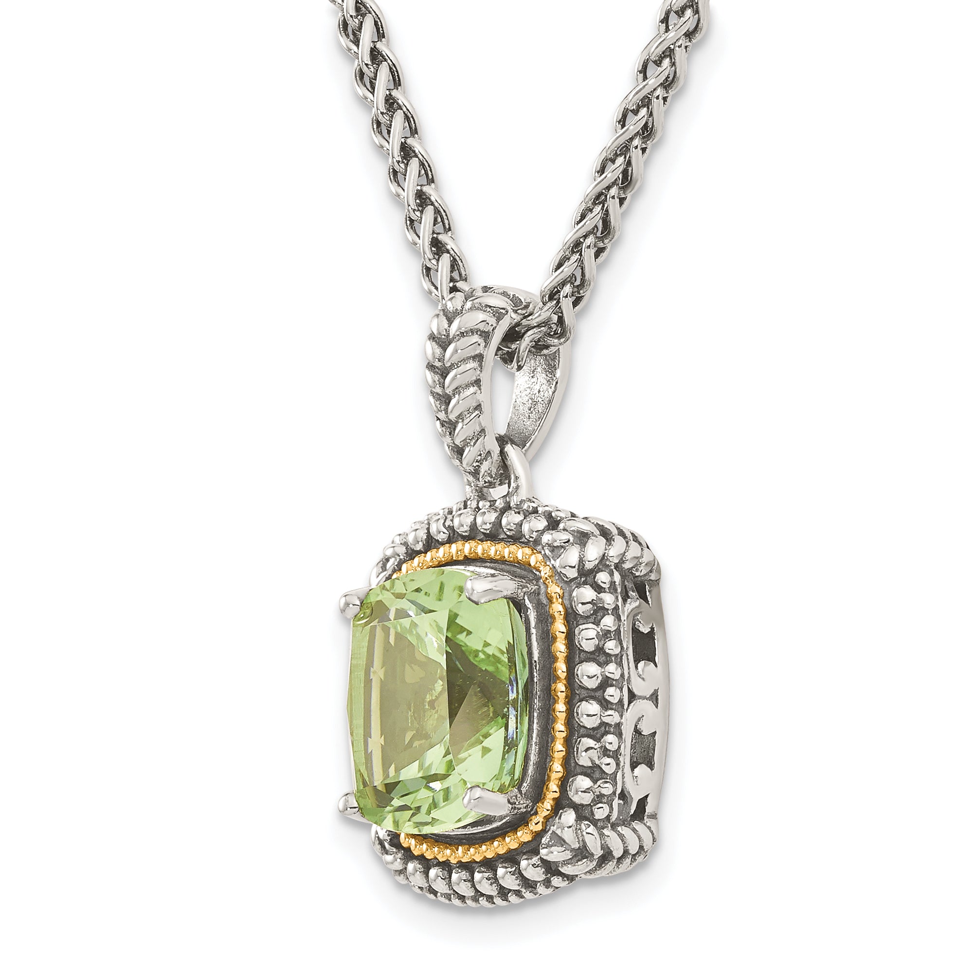 Shey Couture Sterling Silver with 14K Accent 18 Inch Antiqued Cushion Green Quartz Necklace