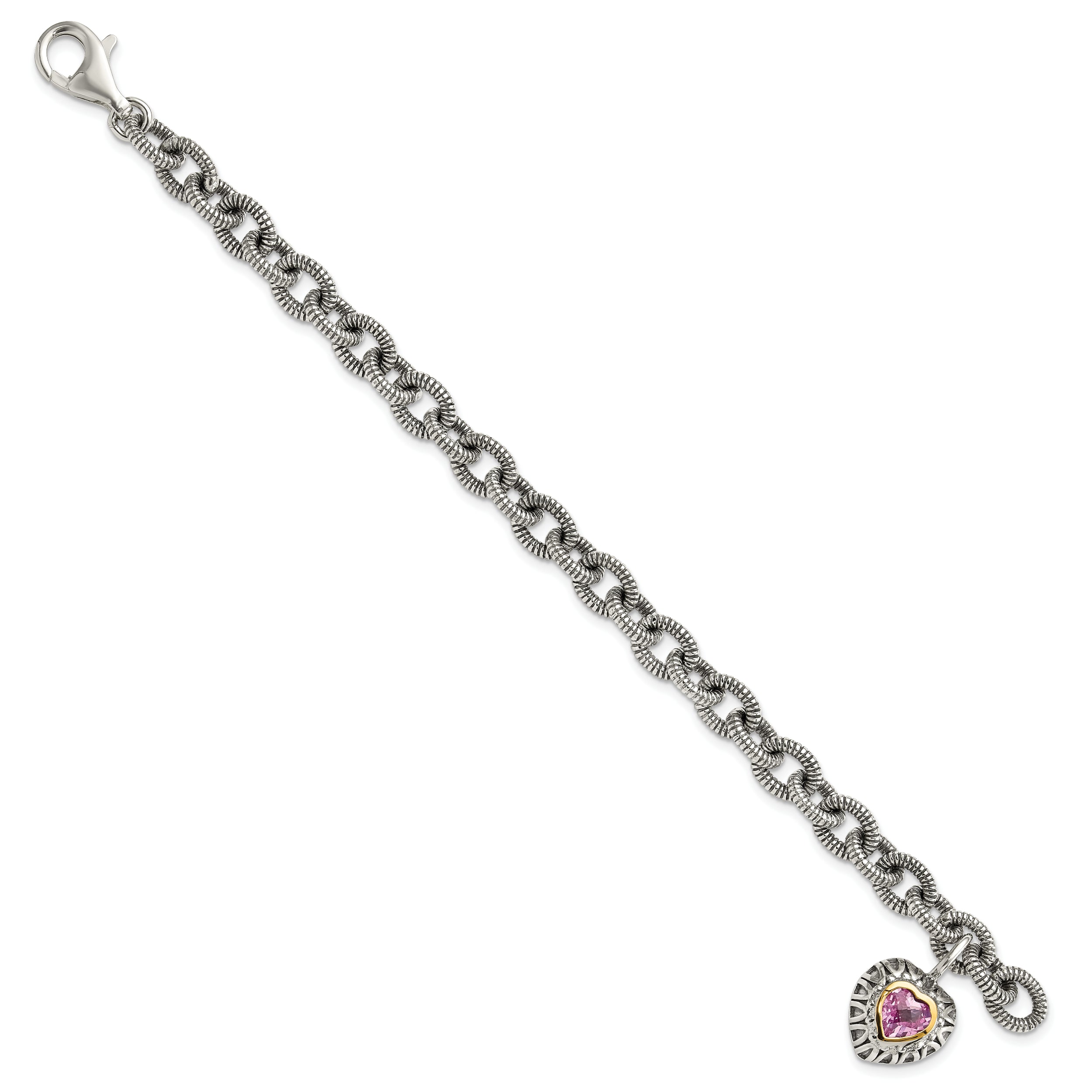 Shey Couture Sterling Silver with 14K Accent 7.5 Inch Antiqued Heart Bezel Created Pink Sapphire Heart Charm Bracelet