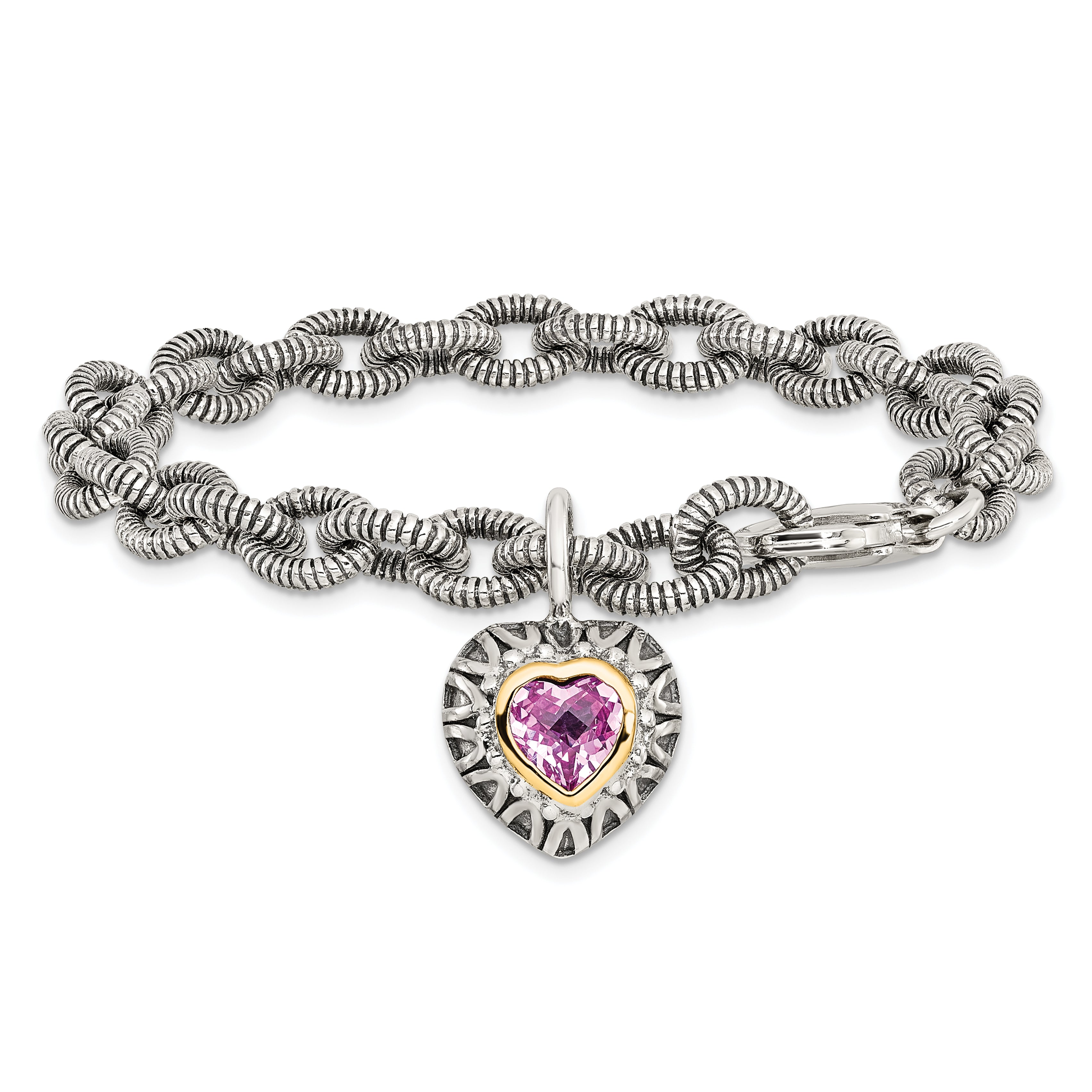 Shey Couture Sterling Silver with 14K Accent 7.5 Inch Antiqued Heart Bezel Created Pink Sapphire Heart Charm Bracelet