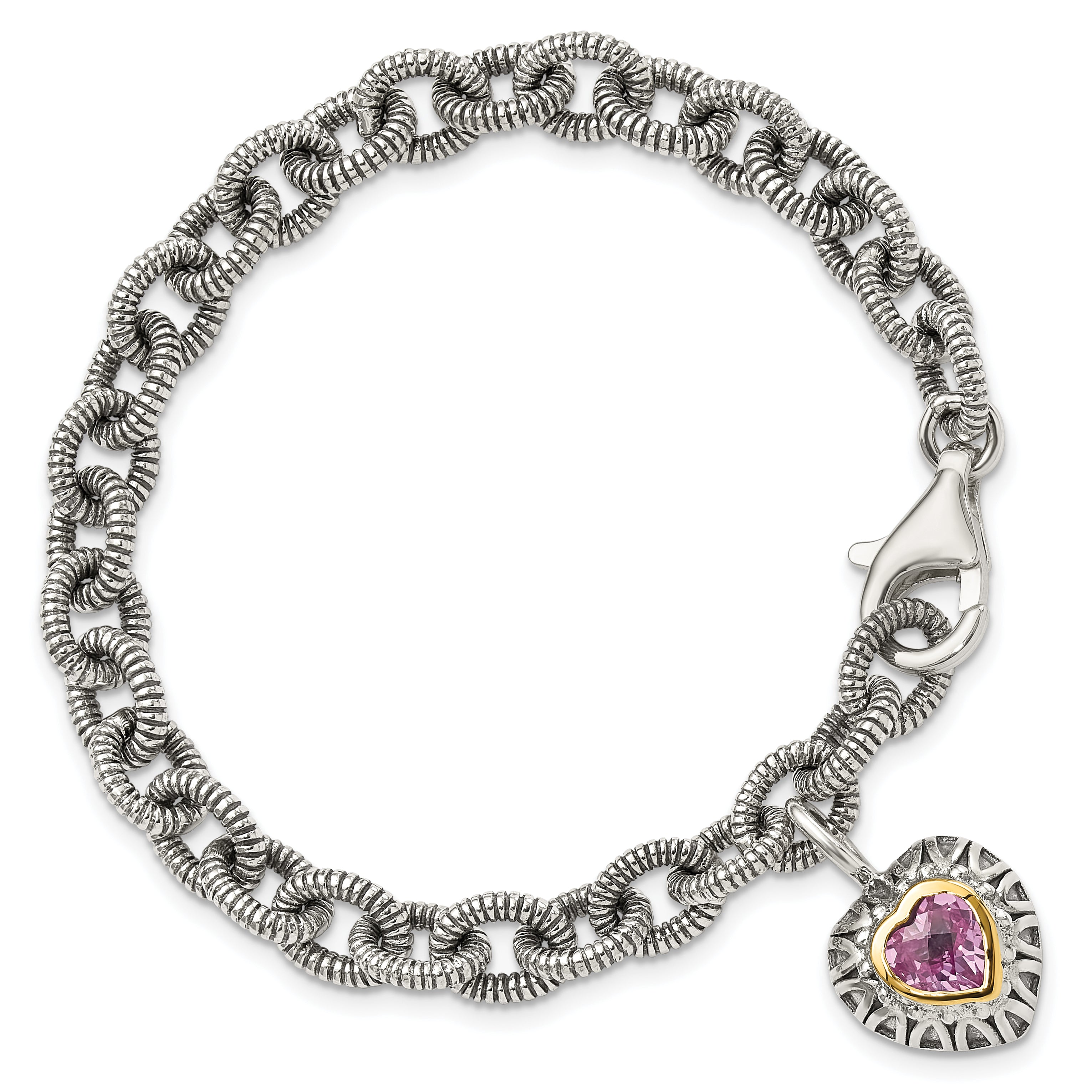 Shey Couture Sterling Silver with 14K Accent 7.5 Inch Antiqued Heart Bezel Created Pink Sapphire Heart Charm Bracelet