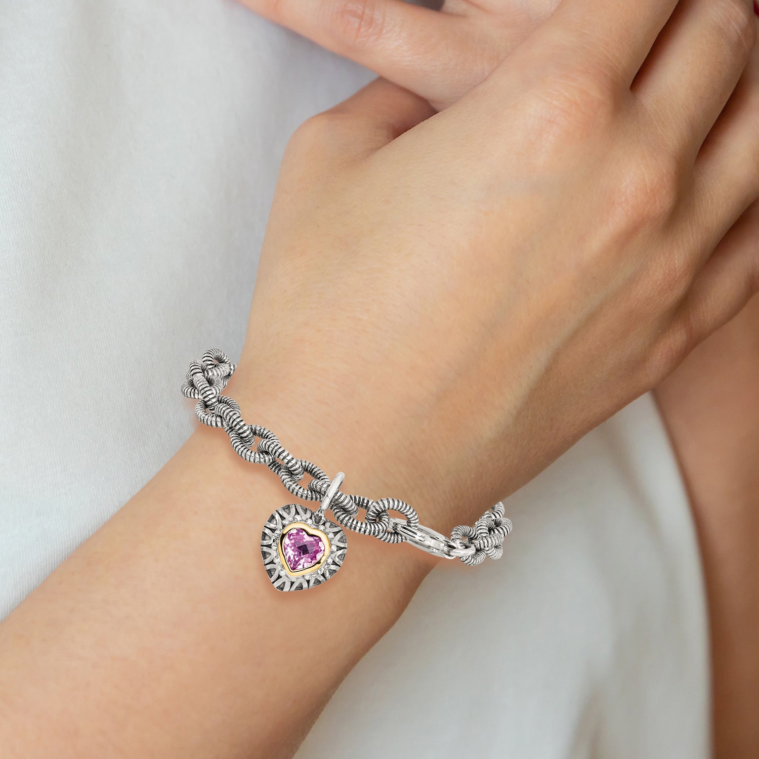 Shey Couture Sterling Silver with 14K Accent 7.5 Inch Antiqued Heart Bezel Created Pink Sapphire Heart Charm Bracelet