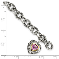 Shey Couture Sterling Silver with 14K Accent 7.5 Inch Antiqued Heart Bezel Created Pink Sapphire Heart Charm Bracelet