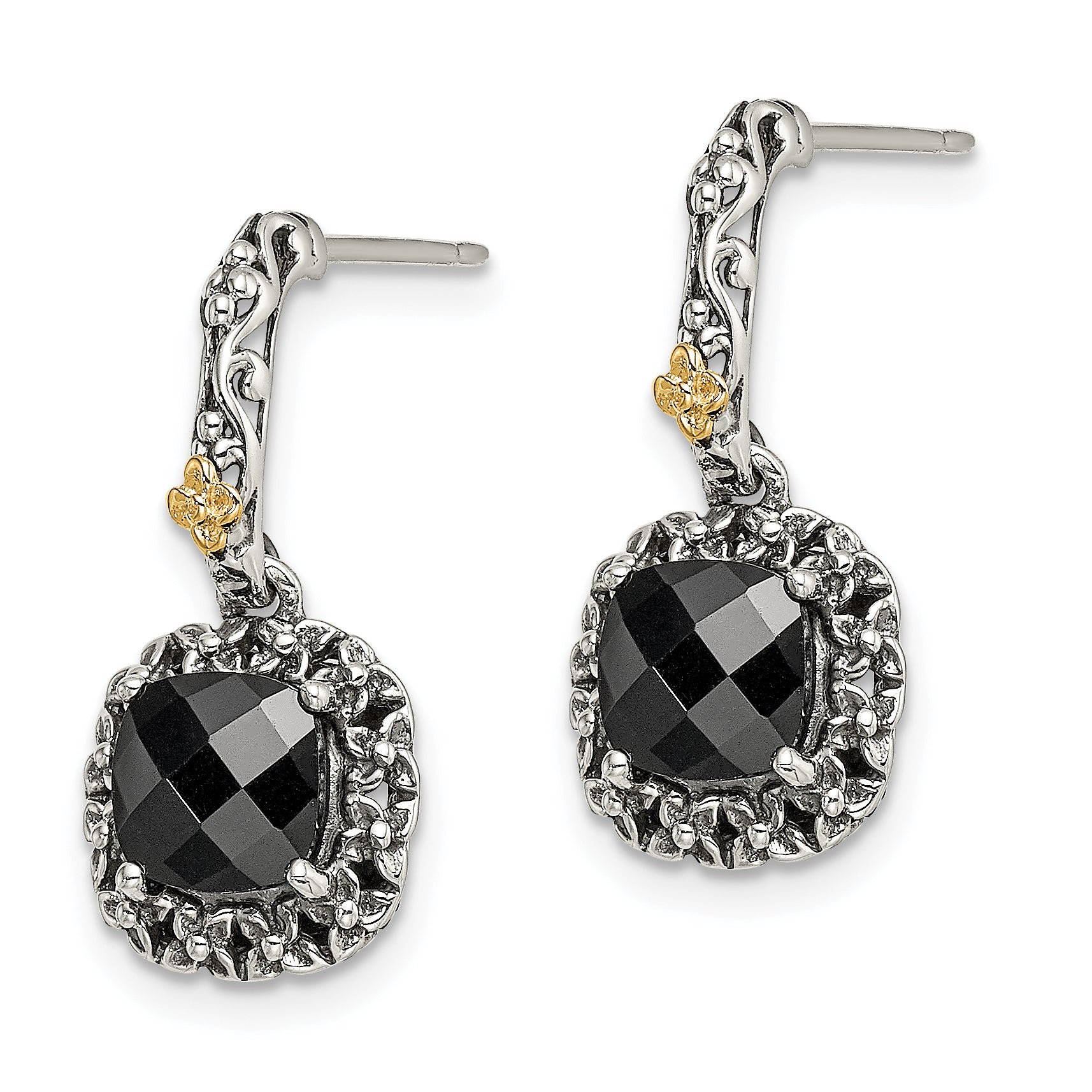 Shey Couture Sterling Silver with 14K Accent Antiqued Checkerboard-cut Black Onyx Post Dangle Earrings