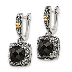 Shey Couture Sterling Silver with 14K Accent Antiqued Checkerboard-cut Black Onyx Hinged Hoop Dangle Earrings