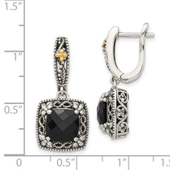 Shey Couture Sterling Silver with 14K Accent Antiqued Checkerboard-cut Black Onyx Hinged Hoop Dangle Earrings