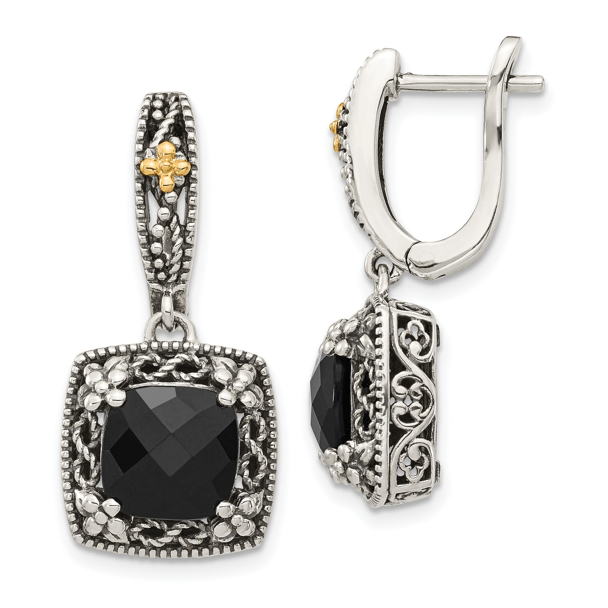 Shey Couture Sterling Silver with 14K Accent Antiqued Checkerboard-cut Black Onyx Hinged Hoop Dangle Earrings