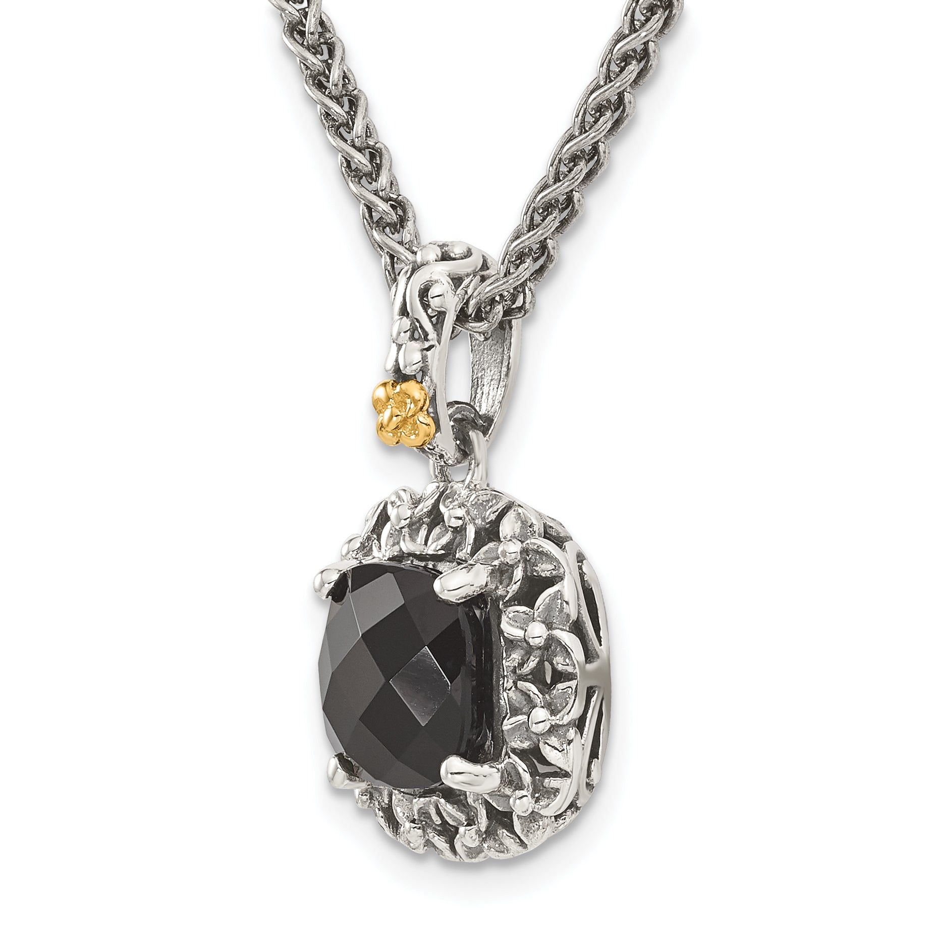 Shey Couture Sterling Silver with 14K Accent 18 Inch Antiqued Checkerboard-cut Black Onyx Necklace