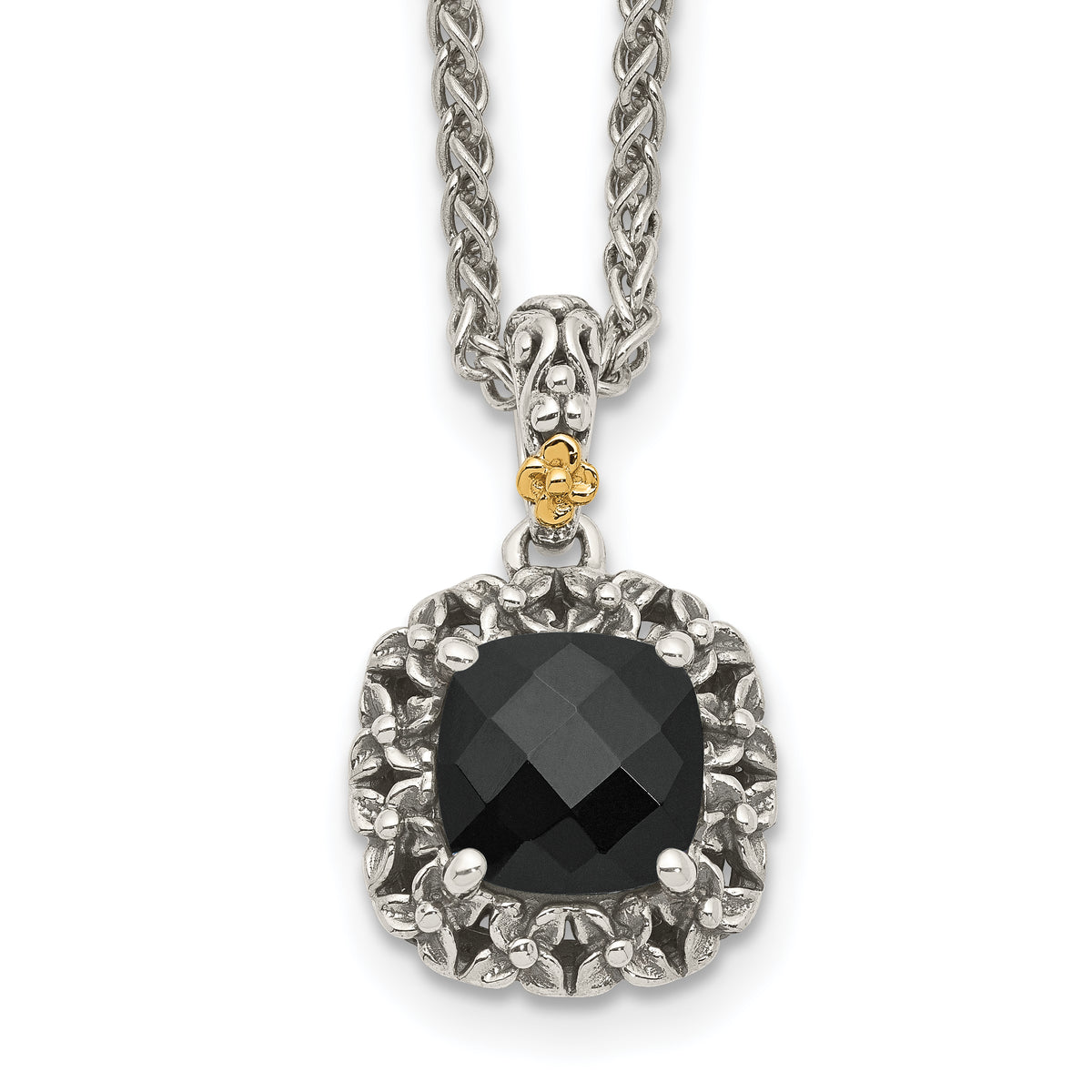 Shey Couture Sterling Silver with 14K Accent 18 Inch Antiqued Checkerboard-cut Black Onyx Necklace