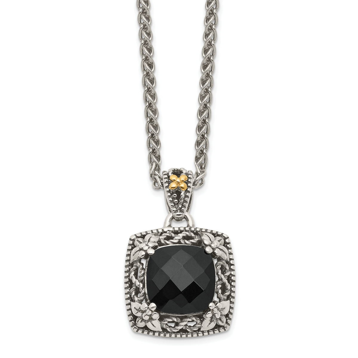 Shey Couture Sterling Silver with 14K Accent 18 Inch Antiqued Checkerboard-cut Black Onyx Necklace