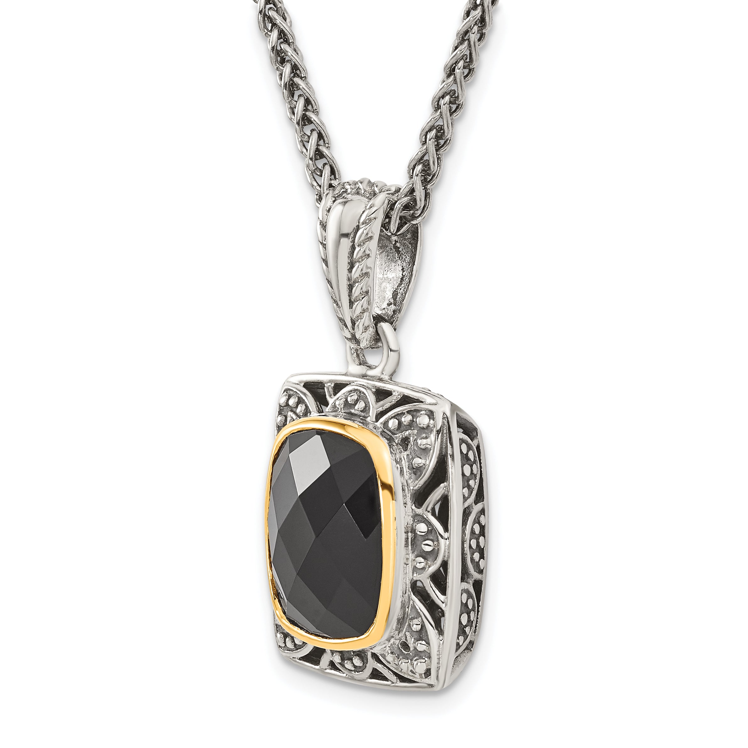 Shey Couture Sterling Silver with 14K Accent 18 Inch Antiqued Checkerboard-cut Black Onyx Necklace