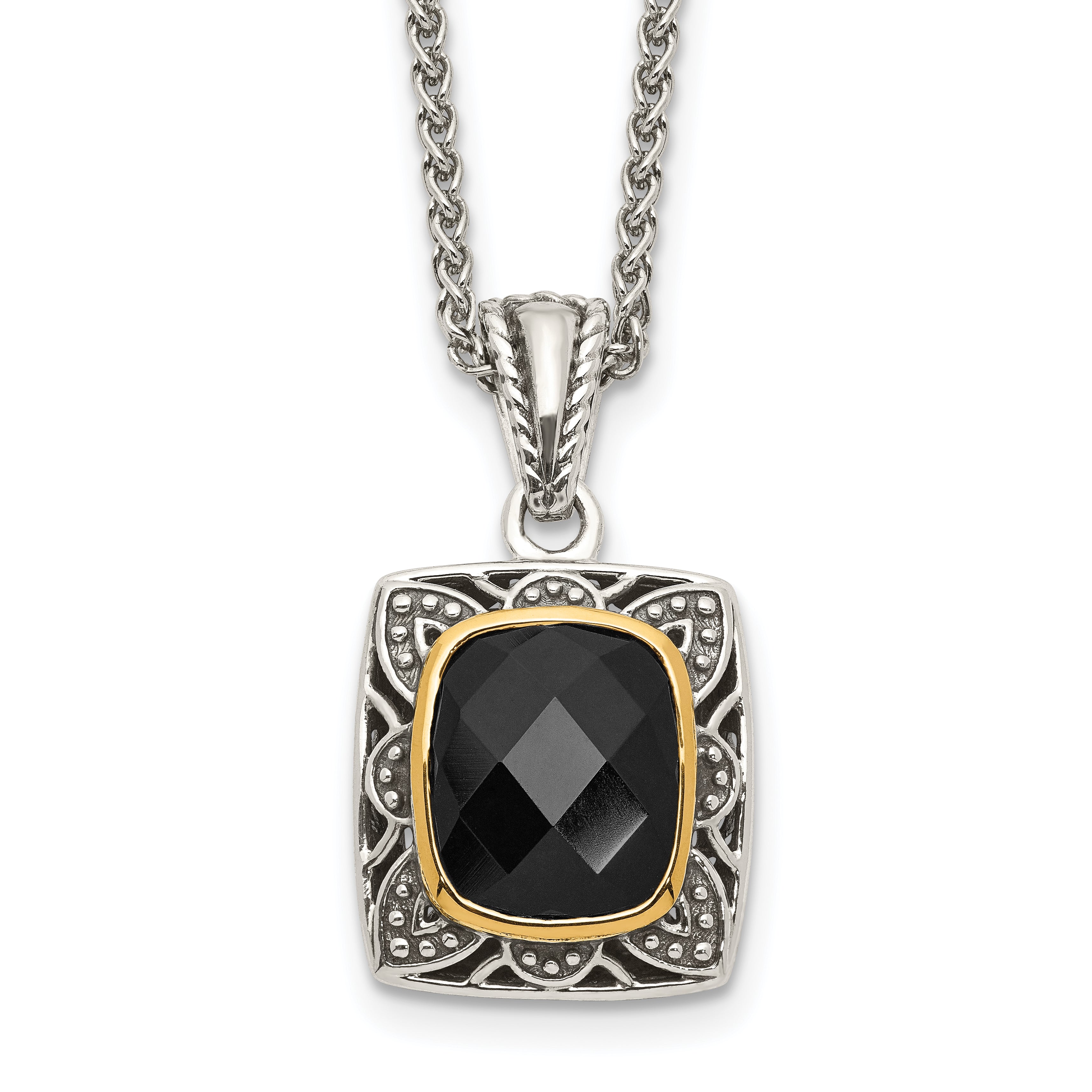 Shey Couture Sterling Silver with 14K Accent 18 Inch Antiqued Checkerboard-cut Black Onyx Necklace