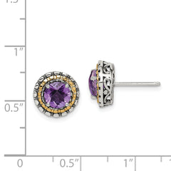 Shey Couture Sterling Silver with 14K Accent Antiqued Round Amethyst Post Earrings
