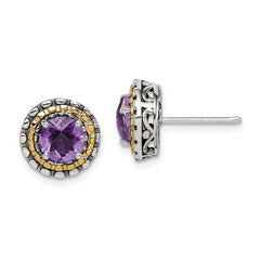 Shey Couture Sterling Silver with 14K Accent Antiqued Round Amethyst Post Earrings