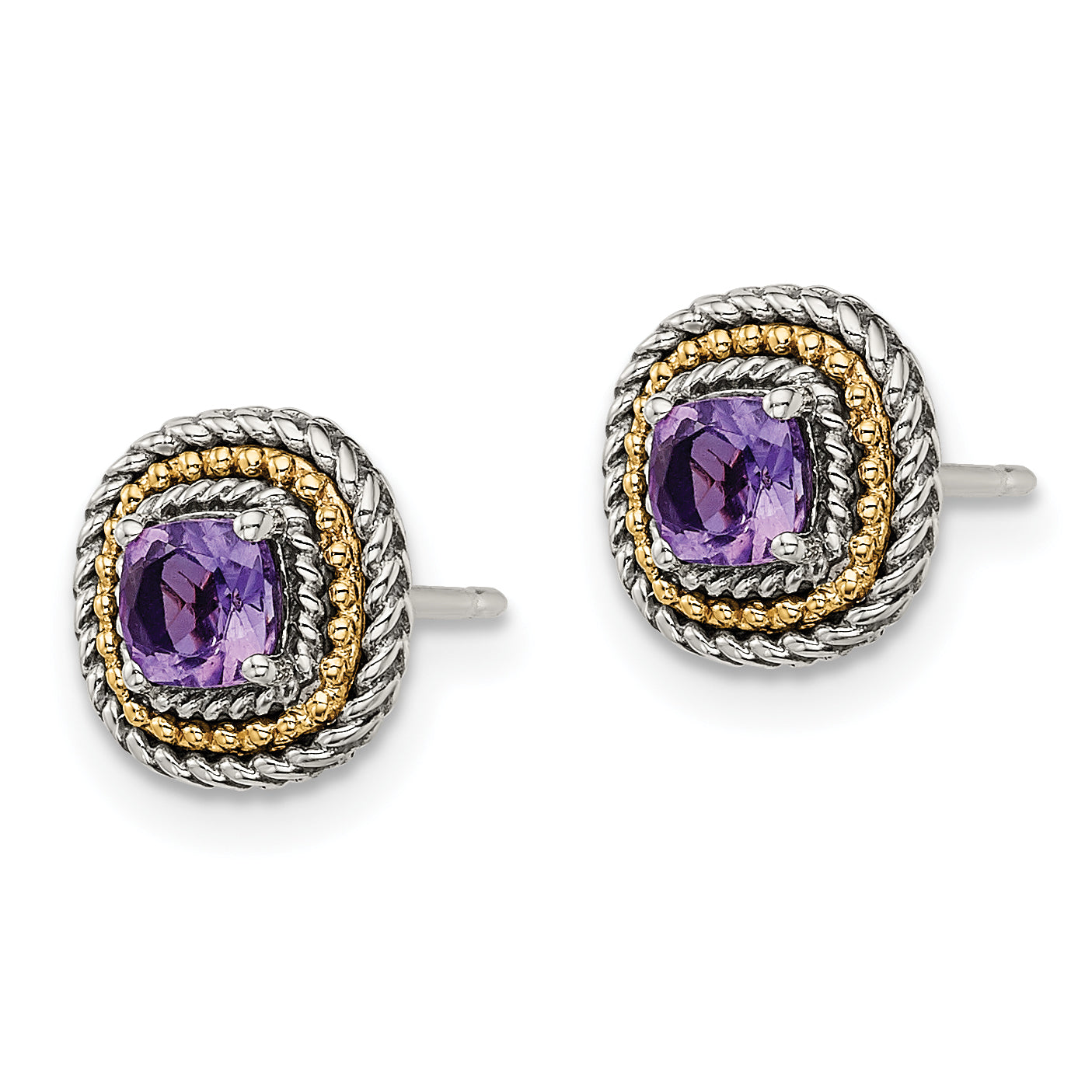 Shey Couture Sterling Silver with 14K Accent Antiqued Cushion Amethyst Post Earrings