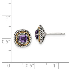 Shey Couture Sterling Silver with 14K Accent Antiqued Cushion Amethyst Post Earrings