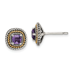 Shey Couture Sterling Silver with 14K Accent Antiqued Cushion Amethyst Post Earrings