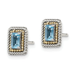 Shey Couture Sterling Silver with 14K Accent Antiqued Emerald-cut Blue Topaz Post Earrings