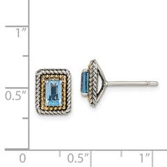 Shey Couture Sterling Silver with 14K Accent Antiqued Emerald-cut Blue Topaz Post Earrings