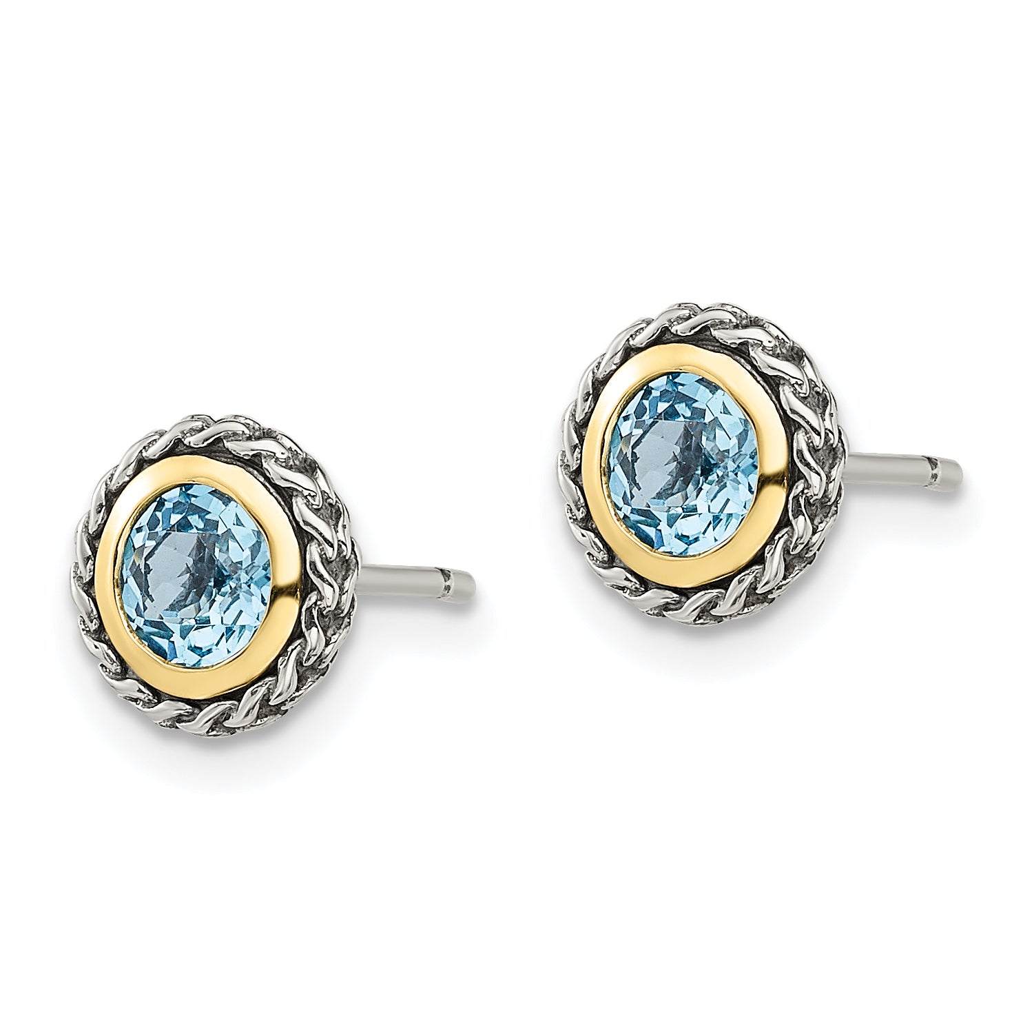 Shey Couture Sterling Silver with 14K Accent Antiqued Round Light Swiss Blue Topaz Post Earrings