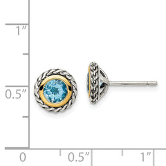 Shey Couture Sterling Silver with 14K Accent Antiqued Round Light Swiss Blue Topaz Post Earrings