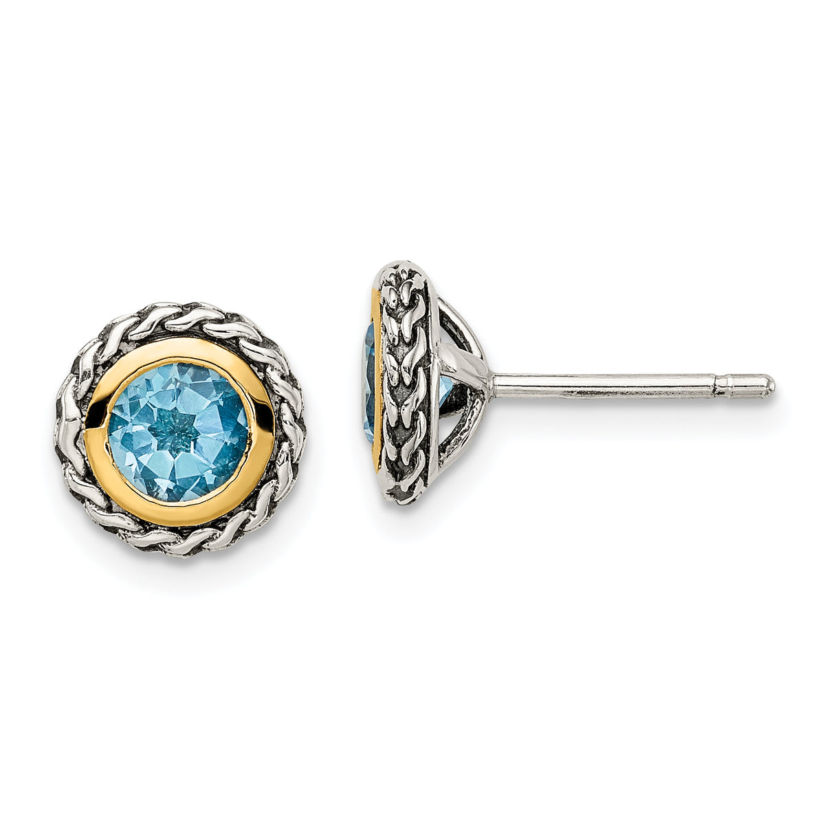 Shey Couture Sterling Silver with 14K Accent Antiqued Round Light Swiss Blue Topaz Post Earrings