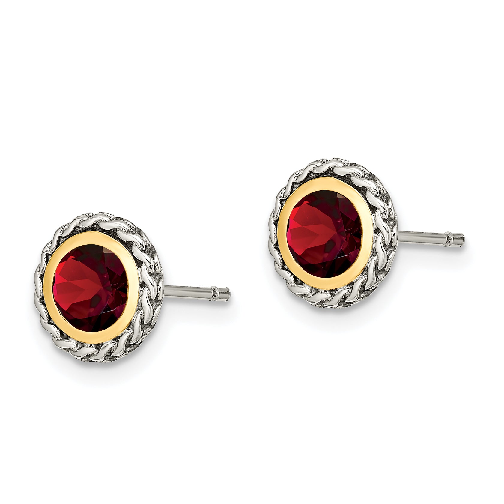 Shey Couture Sterling Silver with 14K Accent Antiqued Round Bezel Garnet Post Earrings