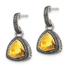 Shey Couture Sterling Silver with 14K Accent Antiqued Trillion Bezel Citrine Dangle Earrings