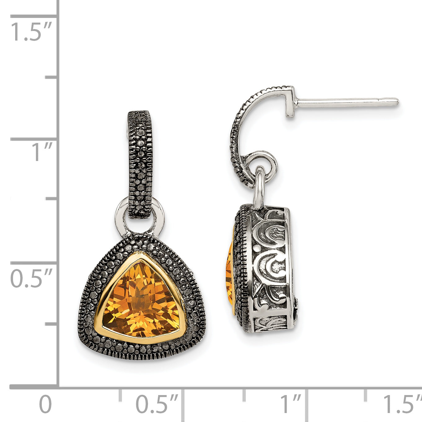 Shey Couture Sterling Silver with 14K Accent Antiqued Trillion Bezel Citrine Dangle Earrings