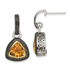 Shey Couture Sterling Silver with 14K Accent Antiqued Trillion Bezel Citrine Dangle Earrings