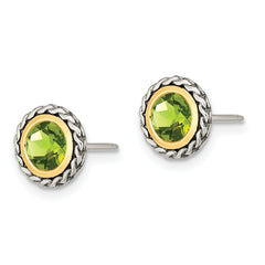 Shey Couture Sterling Silver with 14K Accent Antiqued Round Bezel Peridot Post Earrings