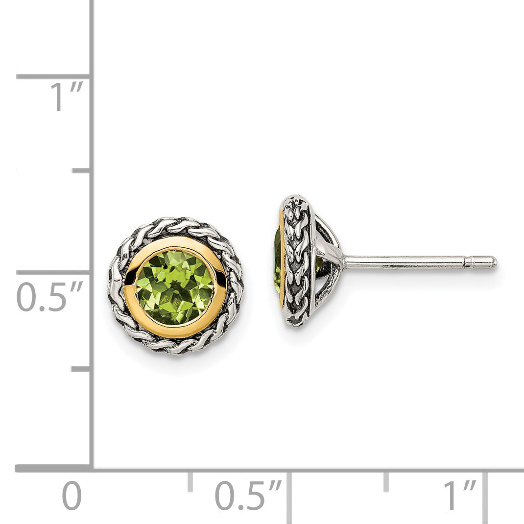 Shey Couture Sterling Silver with 14K Accent Antiqued Round Bezel Peridot Post Earrings