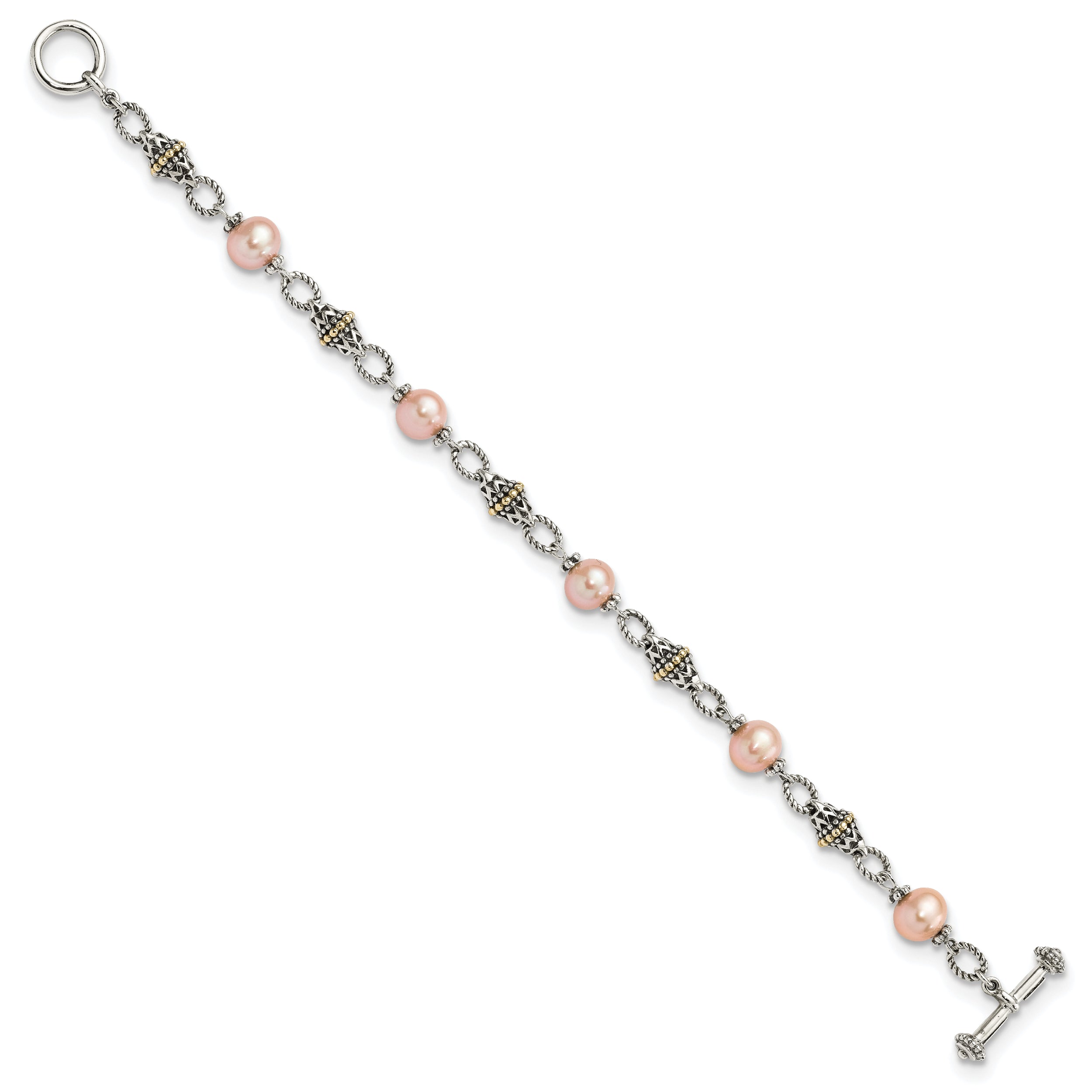 Shey Couture Sterling Silver with 14K Accent 7.5 Inch Antiqued 9-10mm Freshwater Cultured Pink Pearl Bracelet